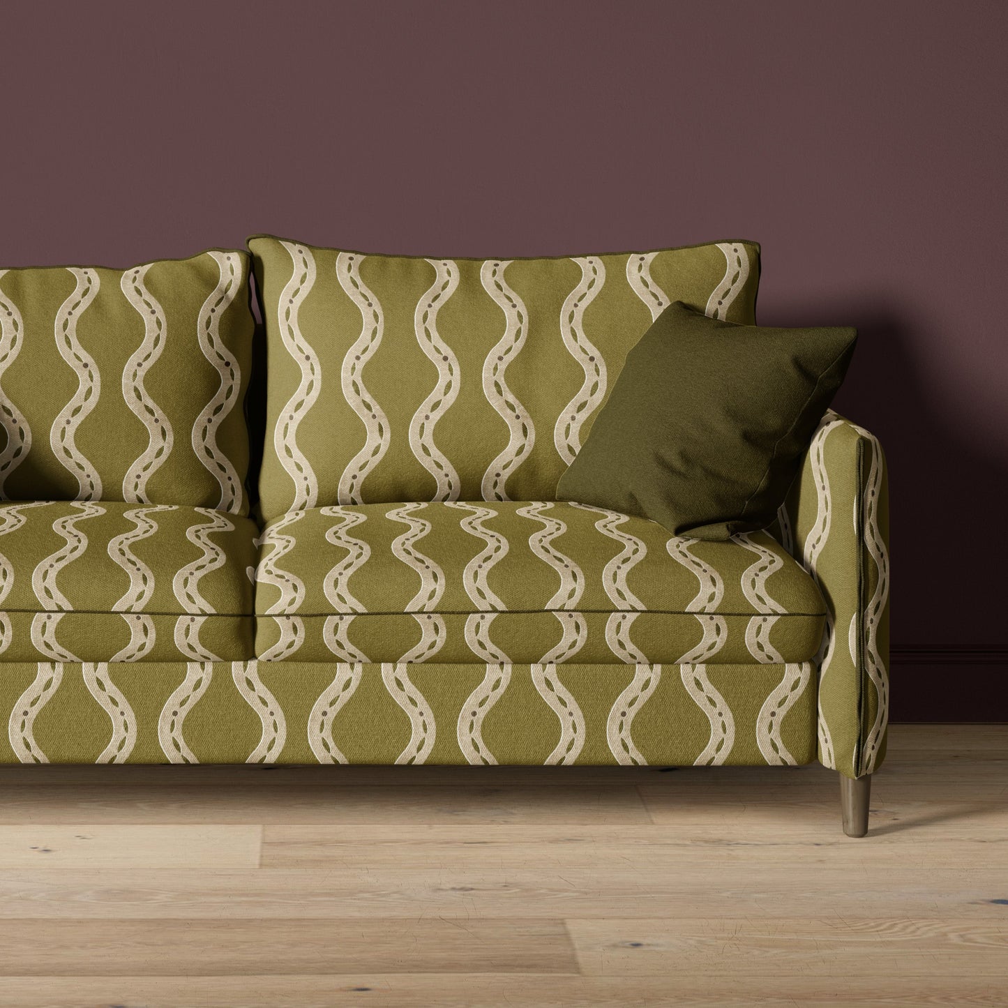 sea glass inspired fabric - wavy pattern - moss green - upholstered sofa