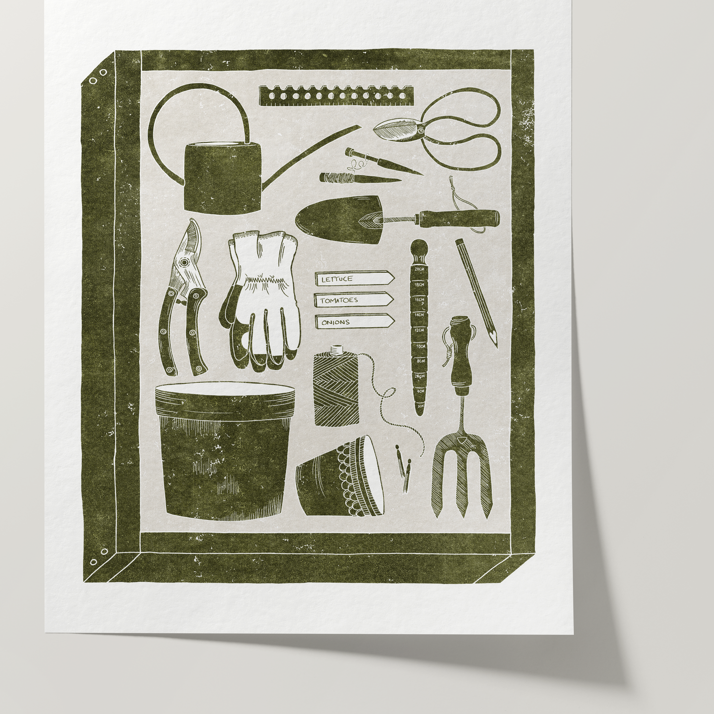 Home Decor Print - Nature-inspired Prints - Garden Tools - Linocut Effect Illustration - Green - Hahnemühle German Etching Paper
