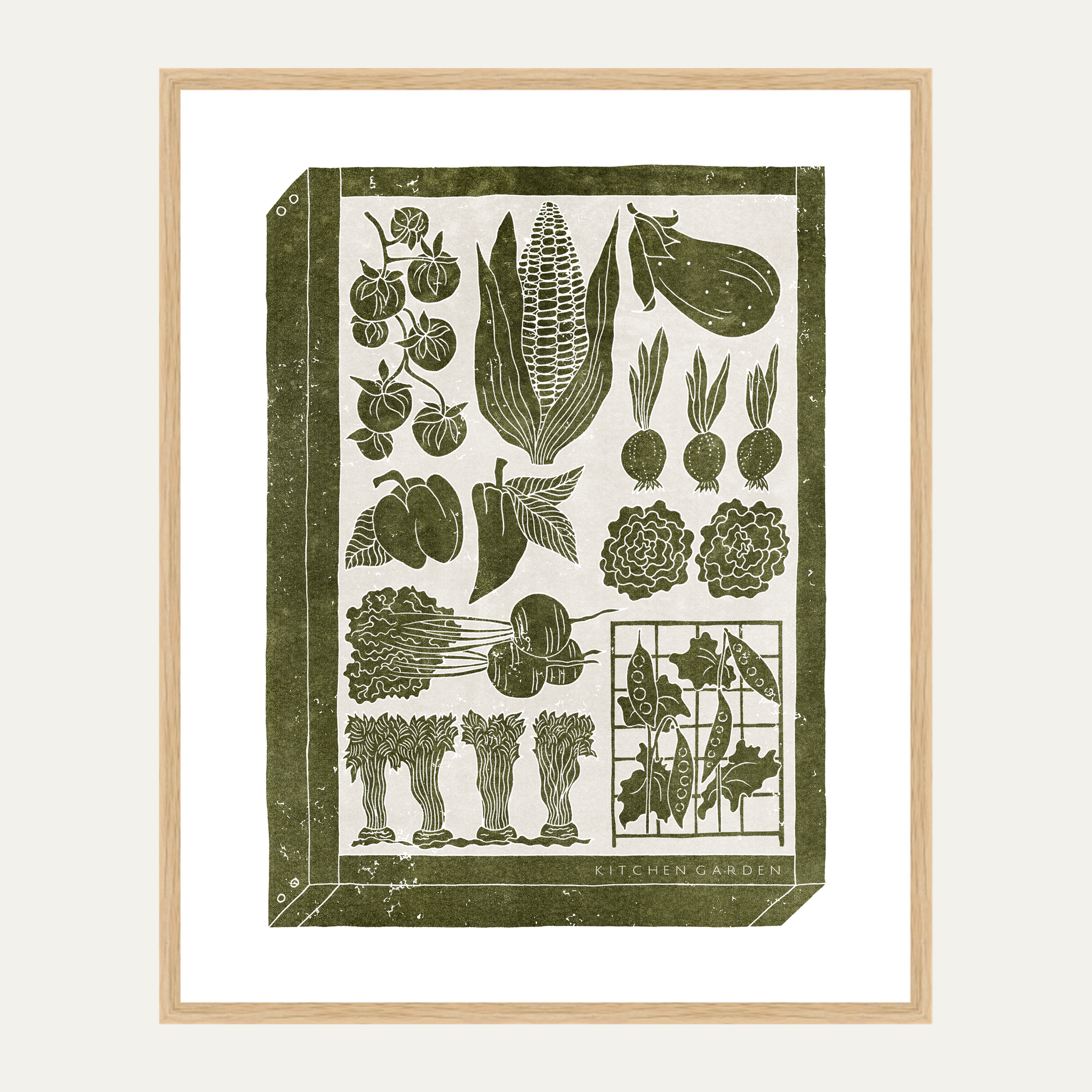 Home Decor Print - Nature-inspired Prints - Kitchen Garden - Framed - Linocut Effect Illustration - Green