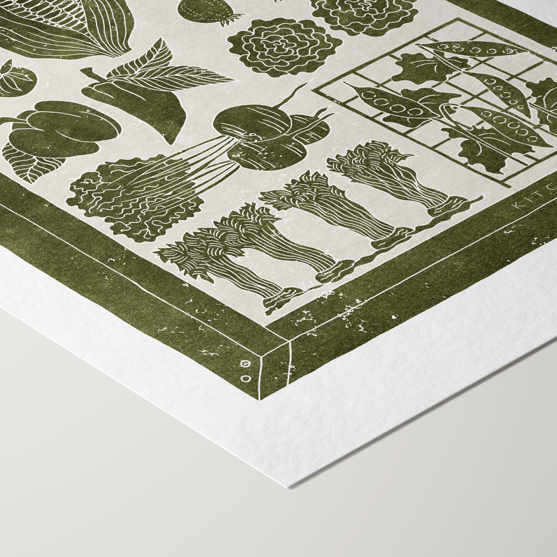 Home Decor Print - Nature-inspired Prints - Kitchen Garden - Framed - Linocut Effect Illustration - Green - Hahnemühle German Etching Paper - Close Up