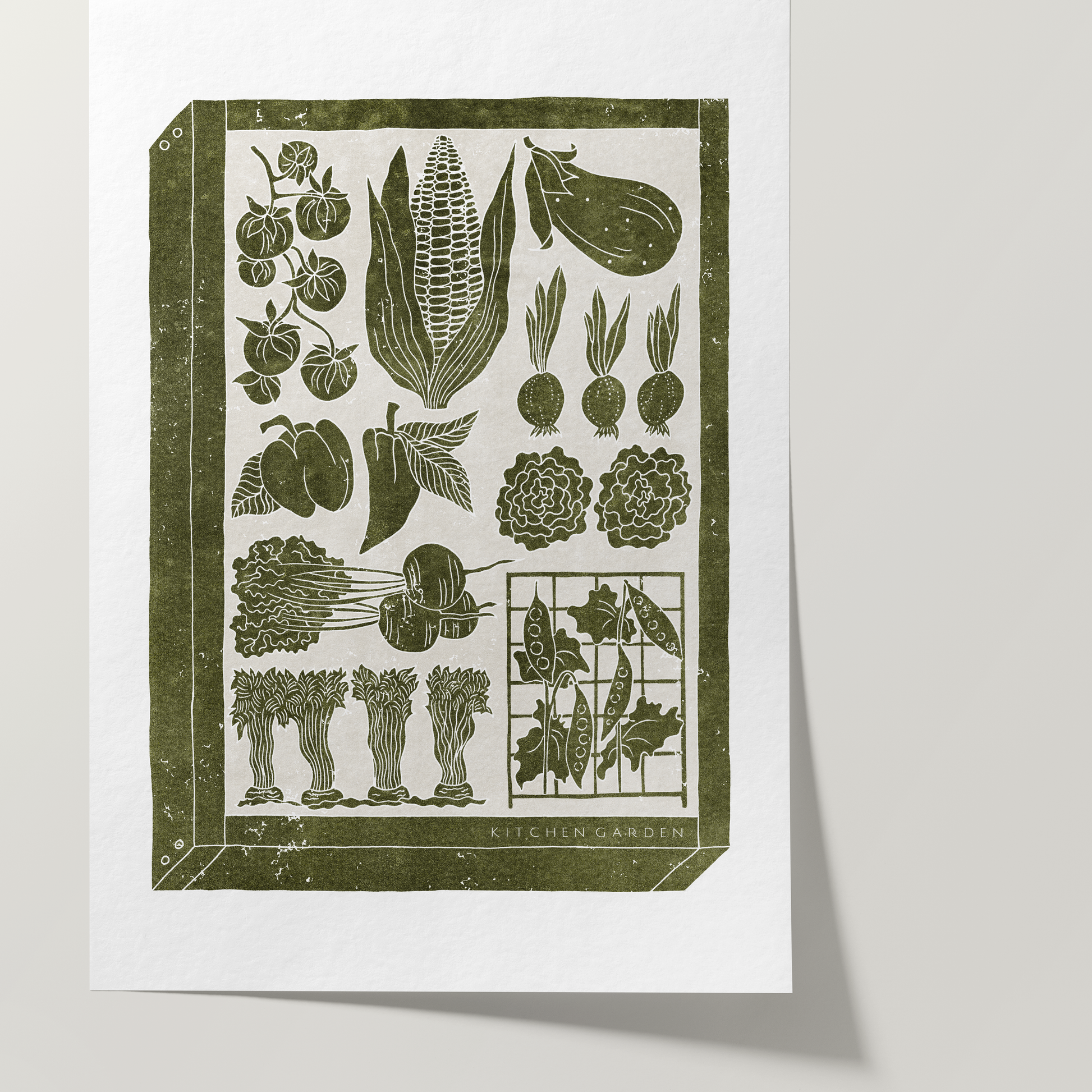 Home Decor Print - Nature-inspired Prints - Kitchen Garden - Framed - Linocut Effect Illustration - Green - Hahnemühle German Etching Paper
