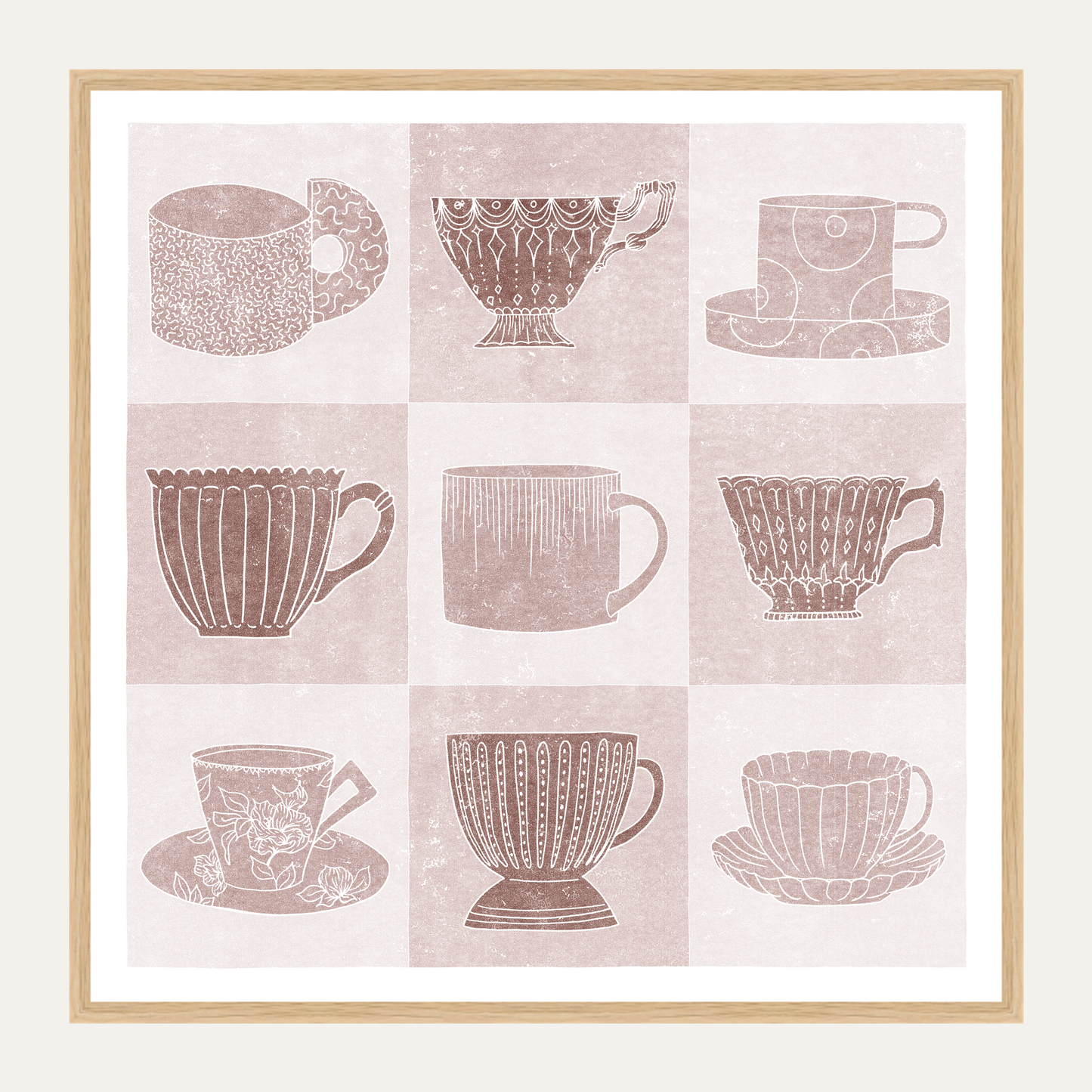 Home Decor Print - Giclee Print - Nature-inspired Prints - Teacups - Framed - Linocut Effect Illustration - Blush Pink