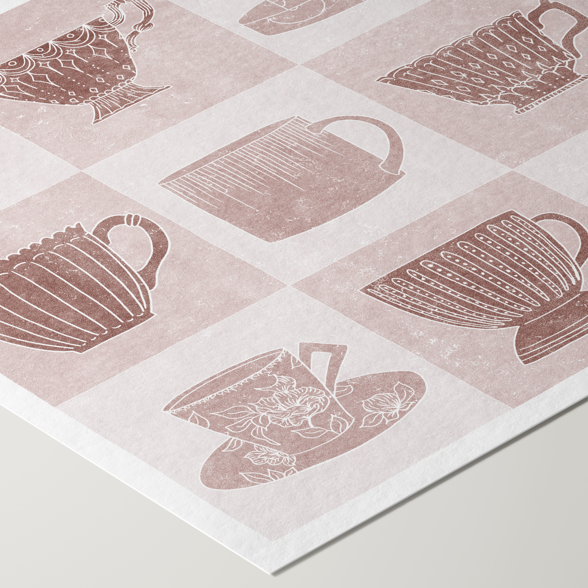 Home Decor Print - Giclee Print - Nature-inspired Prints - Teacups - Framed - Linocut Effect Illustration - Blush Pink - Hahnemühle German Etching Paper - Close Up