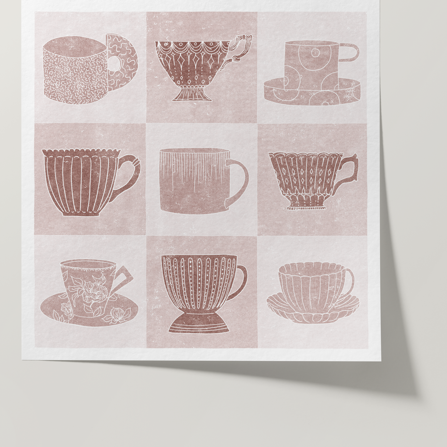 Home Decor Print - Giclee Print - Nature-inspired Prints - Teacups - Framed - Linocut Effect Illustration - Blush Pink - Hahnemühle German Etching Paper - Front
