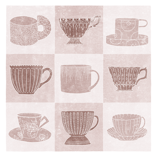 Home Decor Print - Giclee Print - Nature-inspired Prints - Teacups - Unframed - Linocut Effect Illustration - Blush Pink