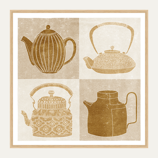 Home Decor Print - Giclee Print - Nature-inspired Prints - Teapots - Framed - Linocut Effect Illustration - Ochre