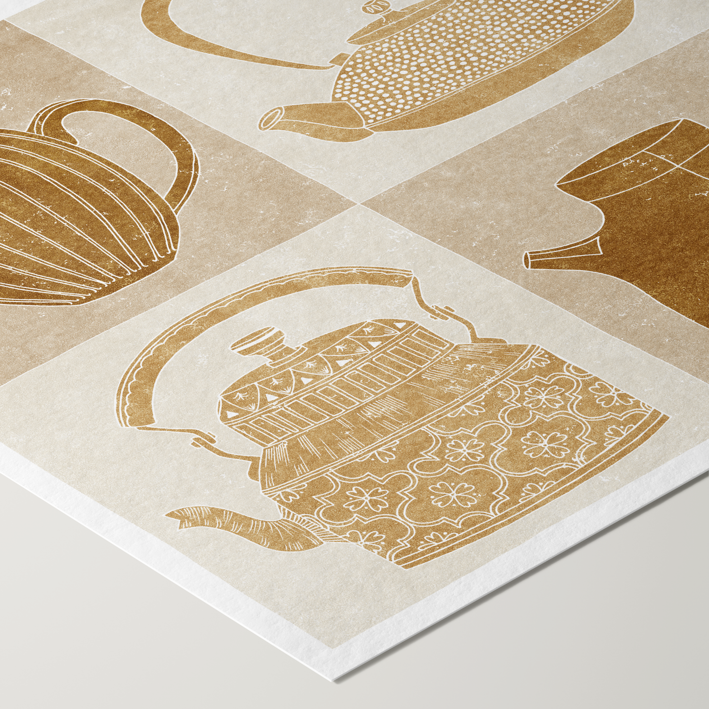 Home Decor Print - Giclee Print - Nature-inspired Prints - Teapots - Framed - Linocut Effect Illustration - Ochre = Hahnemühle German Etching Paper - Close Up