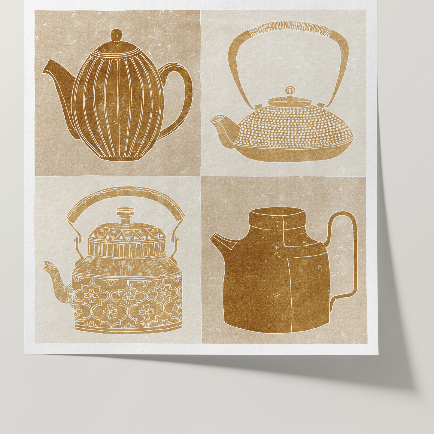 Home Decor Print - Giclee Print - Nature-inspired Prints - Teapots - Framed - Linocut Effect Illustration - Ochre = Hahnemühle German Etching Paper - Front