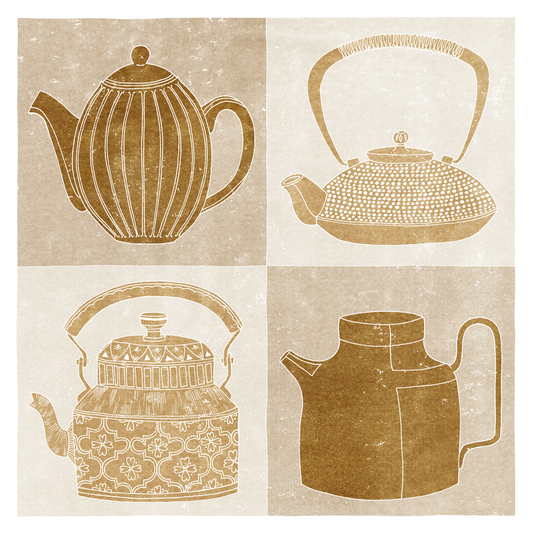 Home Decor Print - Giclee Print - Nature-inspired Prints - Teapots - Unframed - Linocut Effect Illustration - Ochre