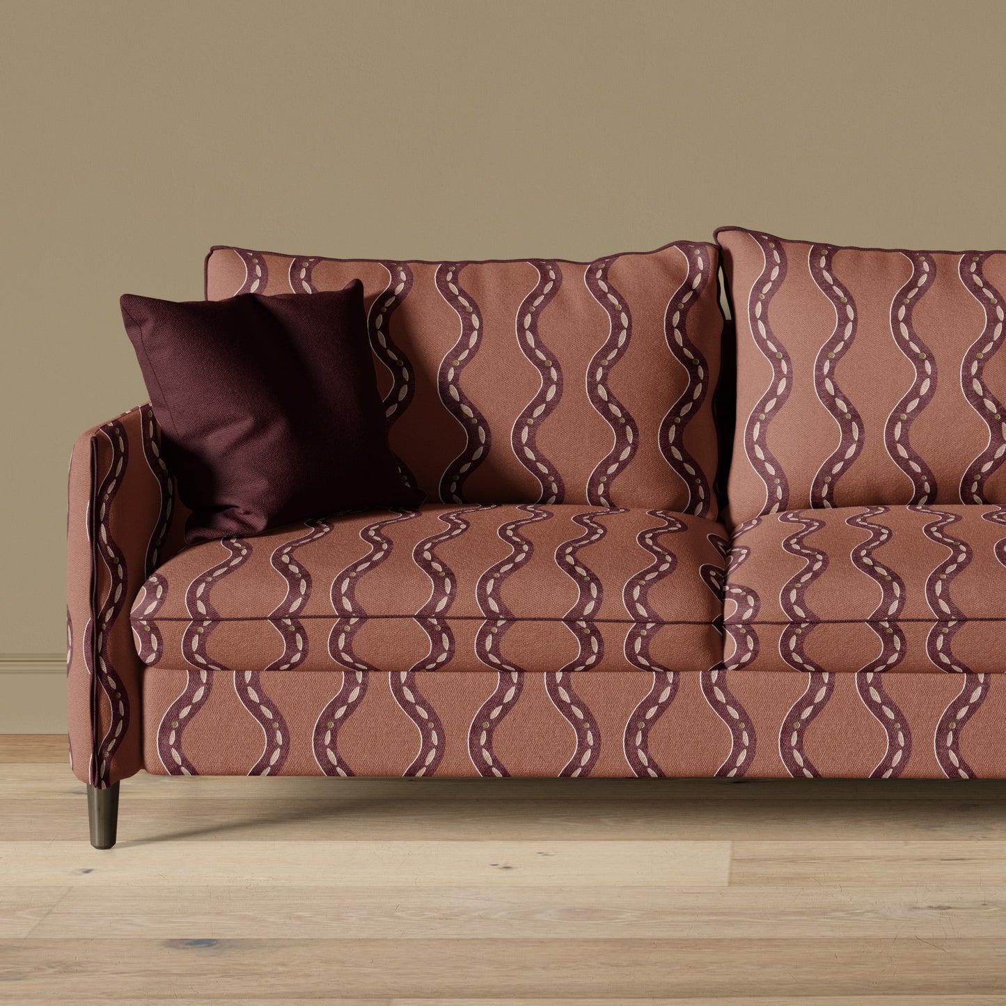 Sea glass inspired fabric - wavy pattern - plum colour - upholstered sofa