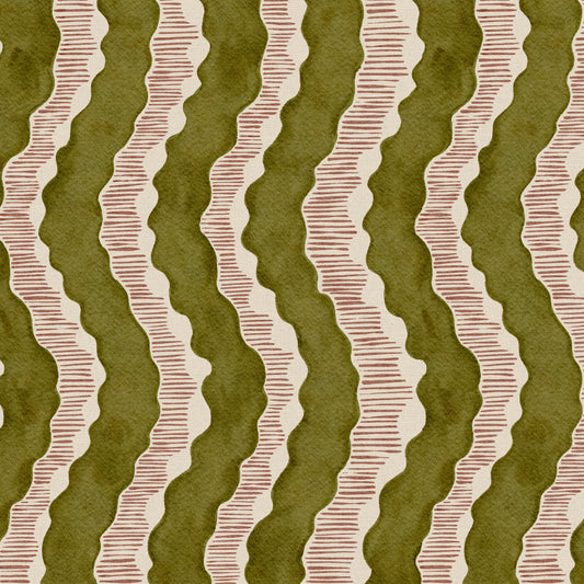 Wavy patterned fabric with green, pink and beige colours