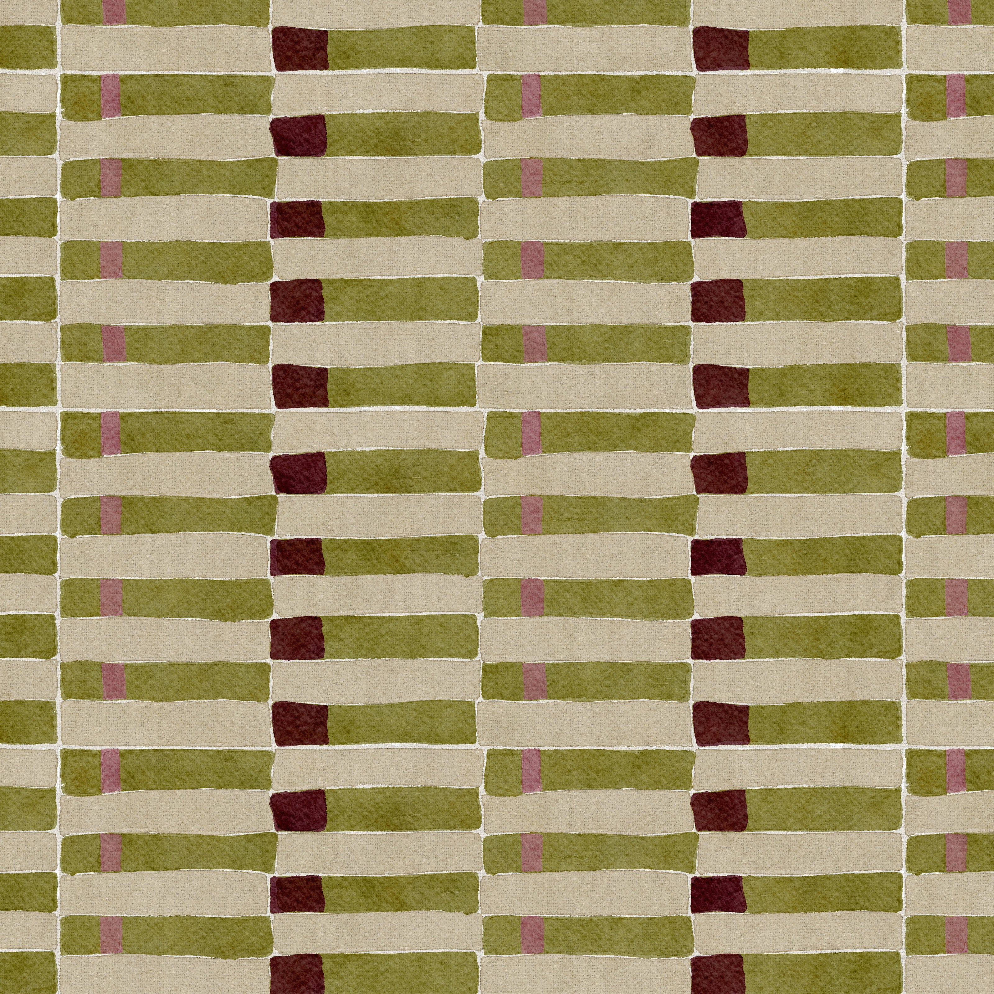 Patterned fabric with green and brown weft stripes on a beige background