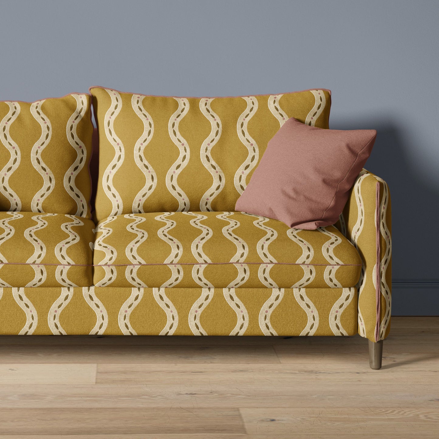sea glass fabric - wavy pattern - marigold ochre yellow - upholstered sofa
