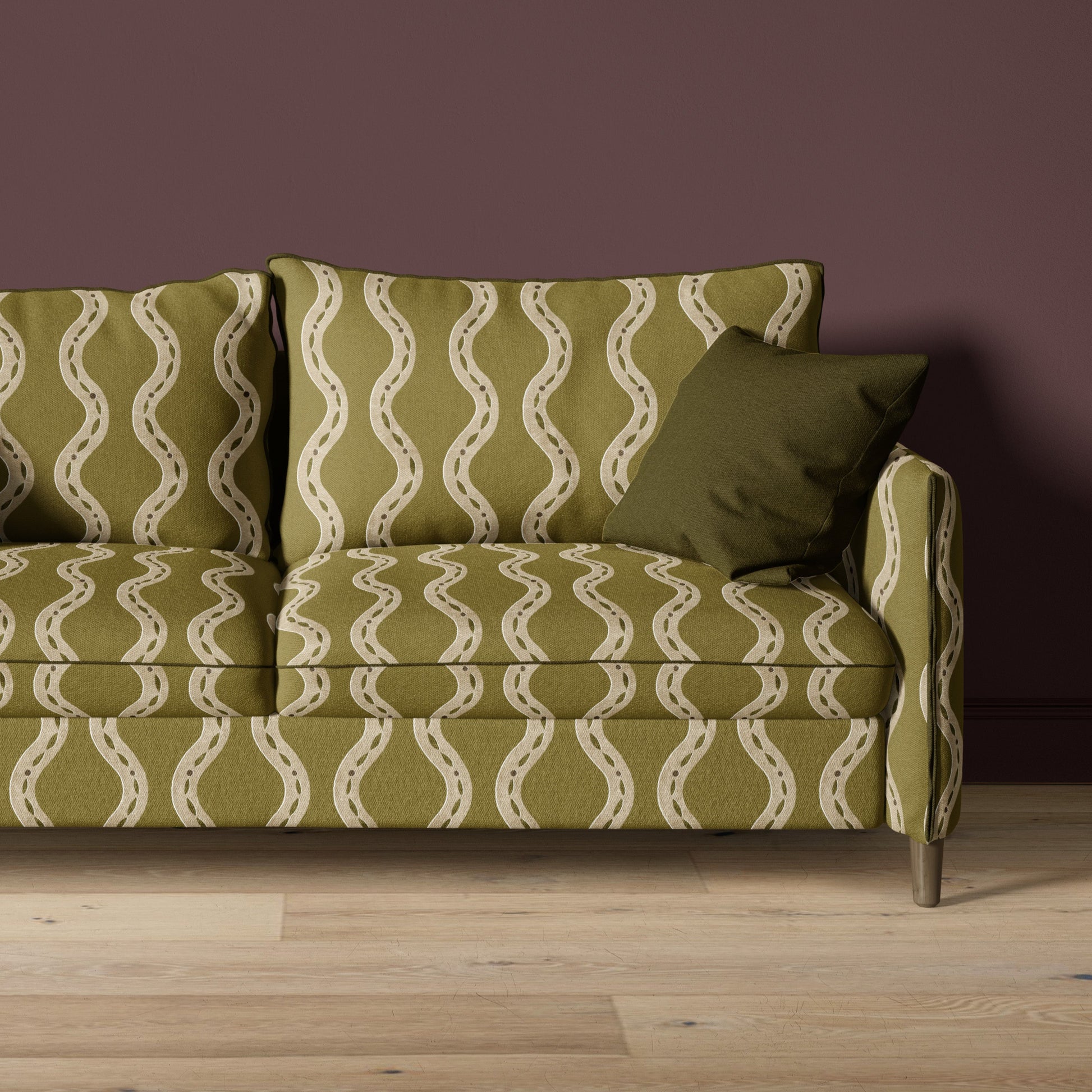 sea glass inspired fabric - wavy pattern - moss green - upholstered sofa