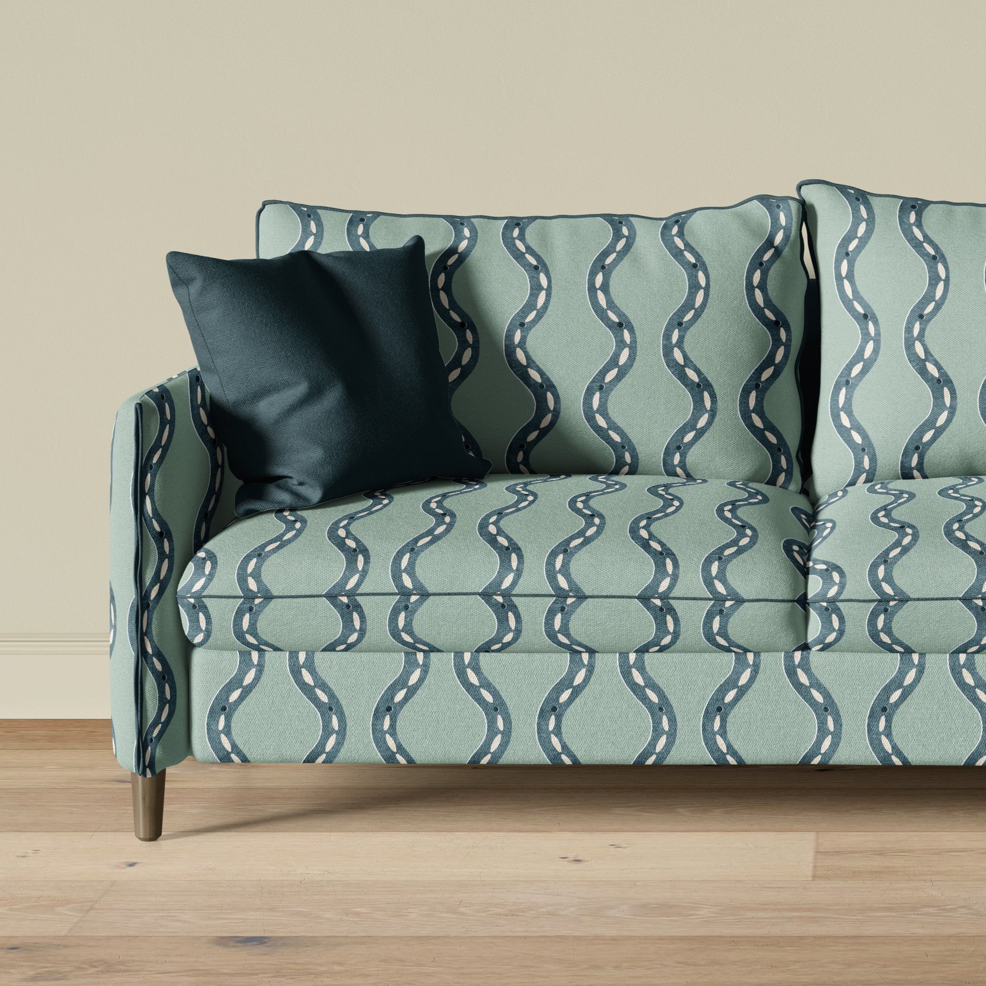 sea glass inspired fabric - wavy patter - ocean blue colour - upholstered sofa